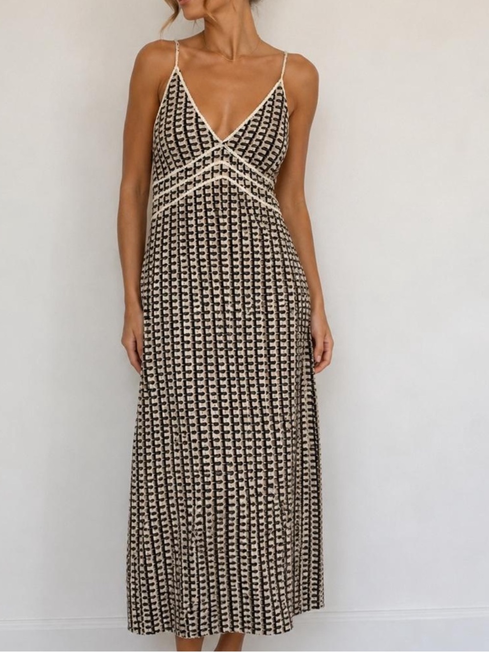 Spaghetti Strap V-Neck Maxi Dress in Black and Cream